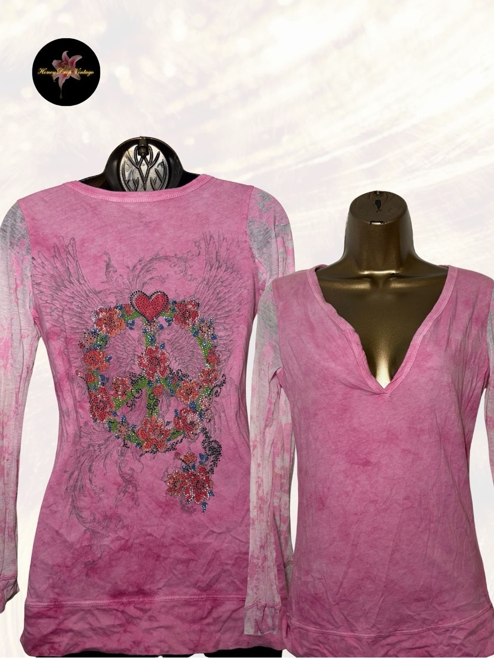 Pink Long-Sleeve V-Neck Top with Embellished Peace Sign Design